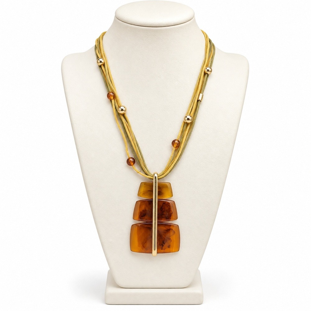 Vintage You & I Multi Cord Statement Necklace Amber Faux Resin Tiered Gold Tone